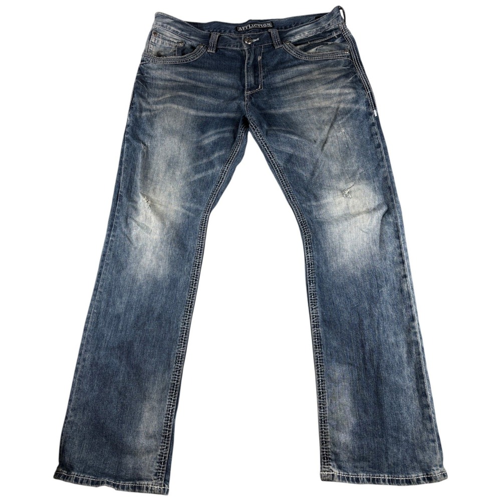 Affliction Blake Straight Leg Jeans Mens 38 Blue Whiskering Denim Distressed